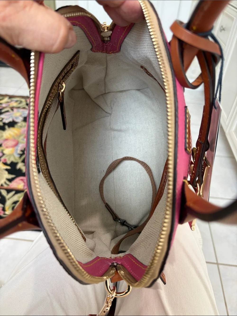 Dooney & Bourke Hot Pink Pebbled Grain Leather Domed Satchel with Brown Trimk
